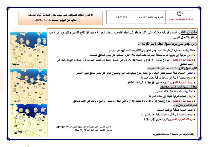 الأحوال الجوية ونشـــــرة الصيـــــد البحري المتوقعة على ليبيا