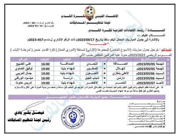 لجنة المسابقات ترحل مباريات الجولة الخامسة بالدوري الليبيلجنة المسابقات