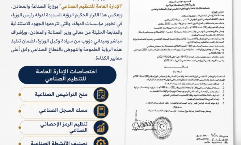 استحداث الإدارة العامة للتنظيم الصناعي خطوة لتعزيز الحوكمة ودعم الاستثمار الصناعي في ليبيا استحداث الإدارة العامة للتنظيم الصناعي خطوة لتعزيز الحوكمة ودعم الاستثمار الصناعي في ليبيا